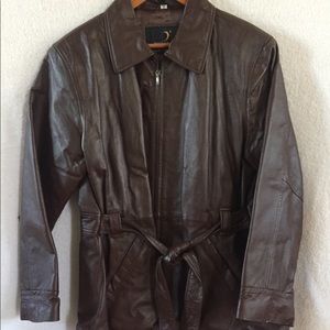 Reddish brown leather coat with waist tie.